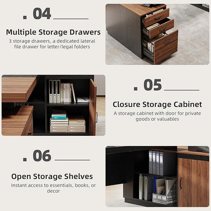 L-Shaped Executive Desk with Drawers, 78-Inch Large Home Office Desk with Power Outlet and Lateral File Cabinet, Modern Computer Table with Open Shelf and Storage Cabinet for Home, Brown Black