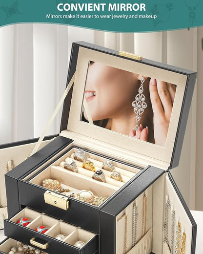 AKOZLIN 5-Tier Jewelry Box Leather Jewelry Storage Organizer with 4 Drawers Lockable for Women Girls Ring Necklace Earring Bracelet Watches Holder with Mirror Black