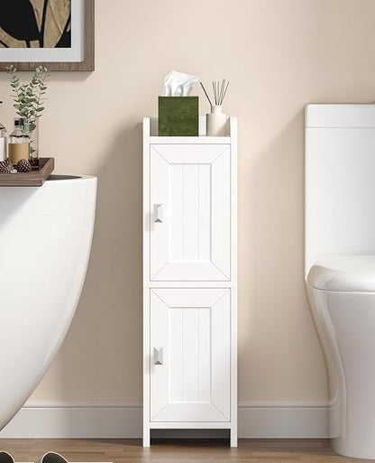 Akxomel Small Bathroom Cabinet with 2 Doors, 7.9''D x 7.9''W Narrow Toilet Paper Storage Cabinet, Bathroom Organizer for Small Spaces, Slim Corner Unit with Adjustable Shelf, White