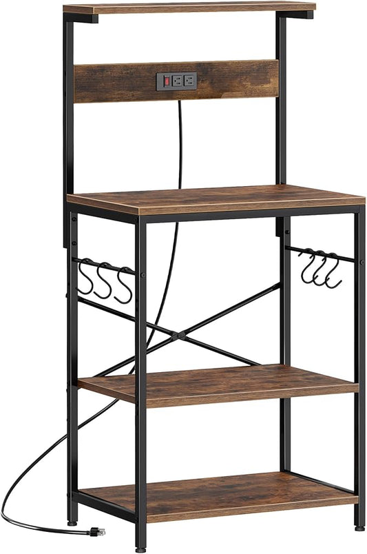 SUPERJARE Kitchen Bakers Rack with Power Outlet, Coffee Bar Table 4 Tiers, Kitchen Microwave Stand with 6 S-shaped Hooks, Storage Shelf Rack for Spices, Pots and Pans - Rustic Brown