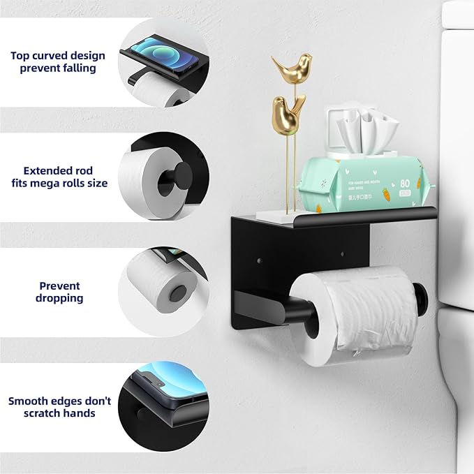 Matte Black Toilet Paper Holder with Shelf, Fits Mega Rolls, Rustproof Stainless Steel, Self Adhesive Wall Mount Toilet Paper Roll Holder, for Bathroom, Washroom, Kitchen, RV