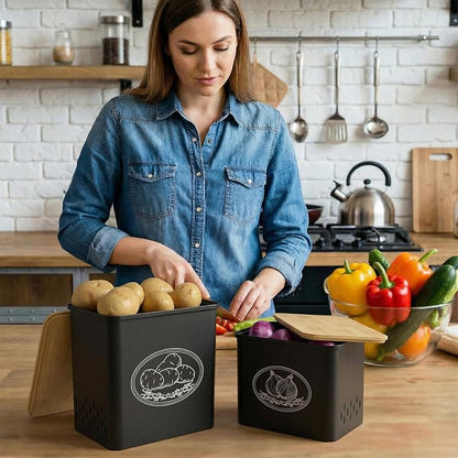 Lifewit Plastic Potato and Onion Storage Bin, Stackable Garlic Keeper with Aerating Holes and Lid, Vegetable Container Box for Pantry Countertop, Black, 24 x 18 x 24 cm/9.5 x 7 x 9.5 inch, Set of 2