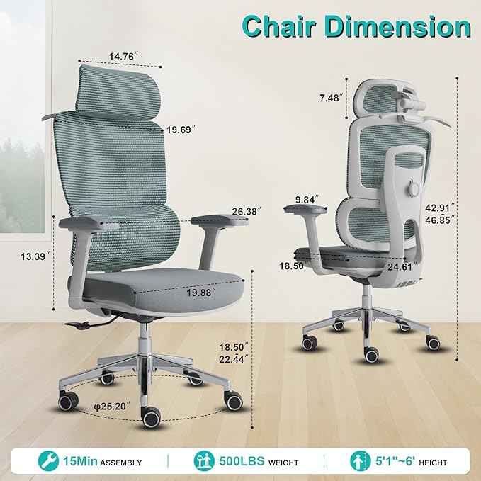 Ergonomic Office Chair with Lumbar Support,Headrest, and6D Armrests - Mesh Computer Chair with Coat Hook-500 lbsWeight Capacity - Extra-Wide Seat- High-Back Office Chair, Blue