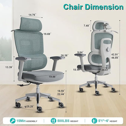 Ergonomic Office Chair with Lumbar Support,Headrest, and6D Armrests - Mesh Computer Chair with Coat Hook-500 lbsWeight Capacity - Extra-Wide Seat- High-Back Office Chair, Blue