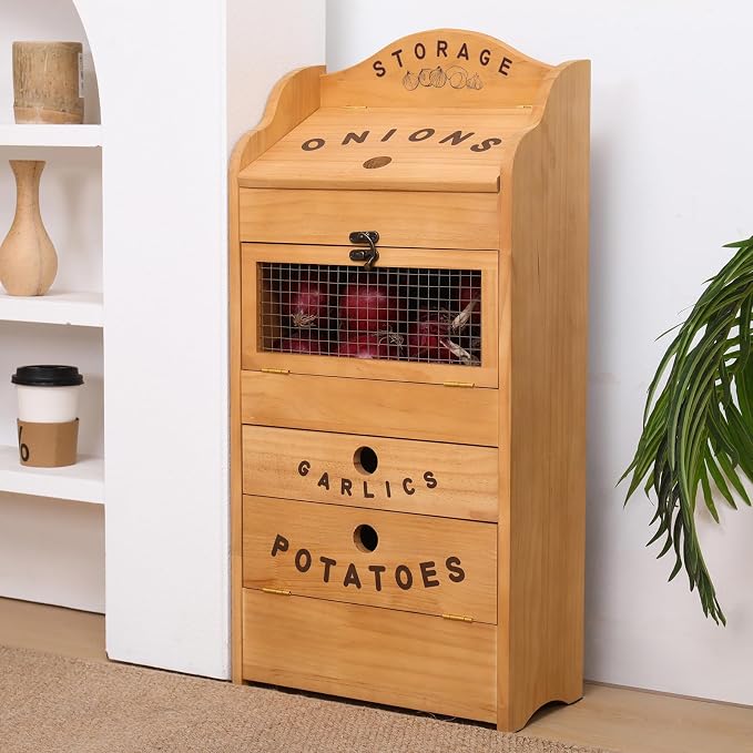 Potato Bin Veggie Organizer Rustic Pine Wood Potato, Onion & Garlic Storage Bin | Kitchen Organizer | Solid Wood Veggie Box | Compact Kitchen Box (13.77" L x 7.1" W x 29.3" H)