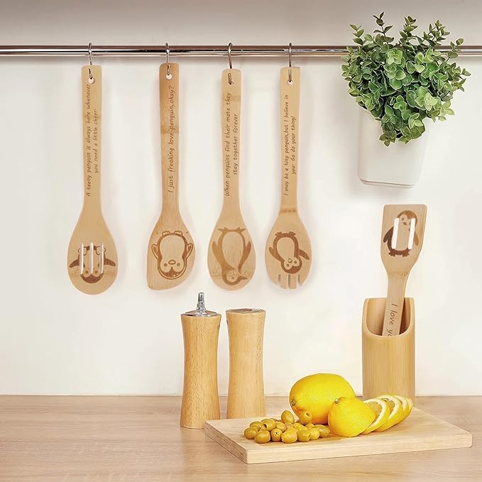5PCS Penguin Wooden Cooking Spoons Kitchen Decor Penguin Gifts for Women Men Penguin Lovers Birthday Gifts Party Favors Housewarming Wedding Bamboo Cooking Spoons for Everyday Use