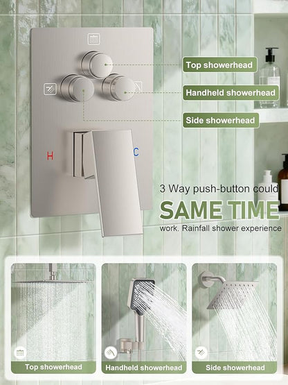 Shower Faucet Set, 10" Ceiling Mount Rainfall Shower System with 10'' Top Head+6'' Side Head and Multi-function Handheld Head Push Button Diverter Shower Faucet Trim Kit