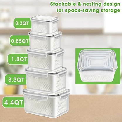 TBMax Fruit Storage Containers for Fridge Organizers and Storage, 10 Pieces Large Produce Saver with Airtight Lid & Colander for Berry Lettuce Salad Vegetable Storage, Refrigerator Organizers