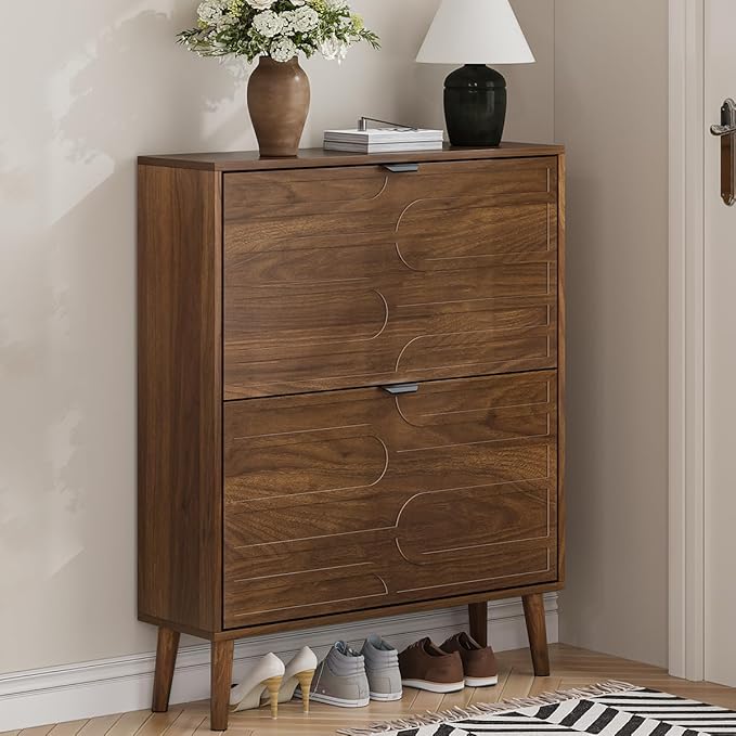 Shoe Cabinet Storage for Entryway with 2 Flip Drawers, Narrow Shoe Cabinet with Black Handles for Entryway, Hidden Slim Shoe Organizer Rack, 31.5" w x 9.45" D x 39" H