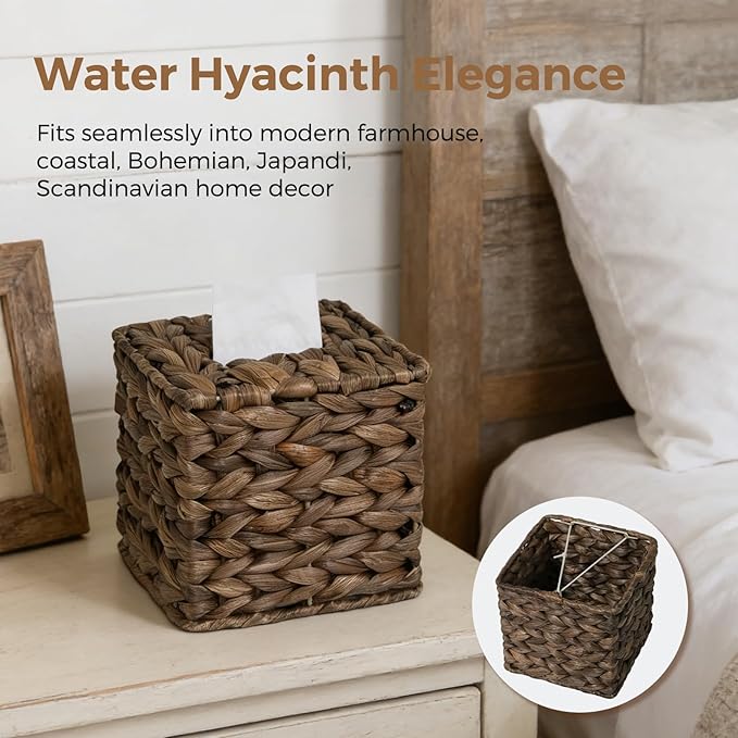 Tissue Box Cover, Square Wicker Tissue Box Holder Facial Tissues Boxes, Hand Woven Napkin Box Tissue Holder for Bathroom Bedroom Office Table Desk Night Stand, Boho Decorative, Brown