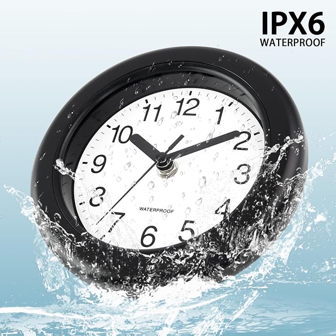 Caysie 6.5 Inch Sealed Small Indoor Outdoor Clock Waterproof, Hanging or Standing Silent Battery Operated Wall Clocks for Pool Patio Bathroom Shower (Black)