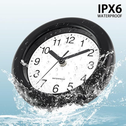 Caysie 6.5 Inch Sealed Small Indoor Outdoor Clock Waterproof, Hanging or Standing Silent Battery Operated Wall Clocks for Pool Patio Bathroom Shower (Black)