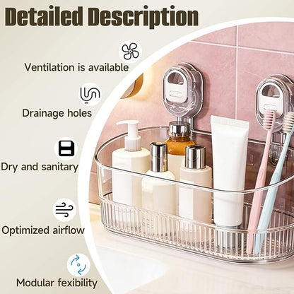 No-Drill Bathroom Suction Storage Box, Large Capacity Suction Cup Shower Shelf and Removable No Drill Storage Basket with Drain Holes, Strong Hold Wall Organizer for Bathroom Shower Kitchen Sink