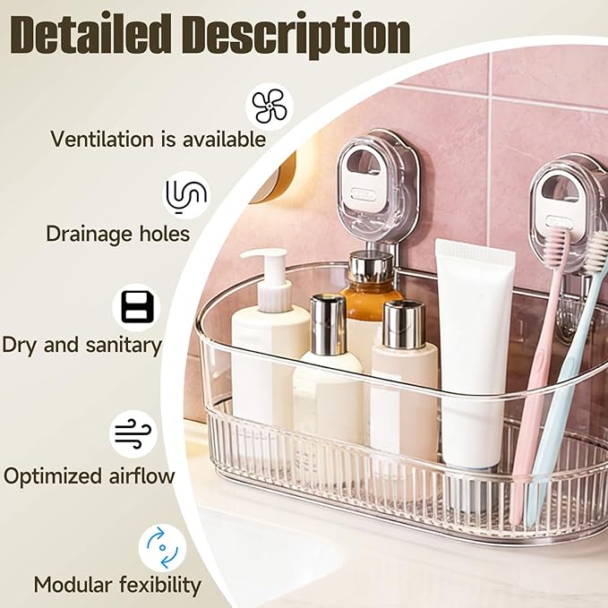 No-Drill Bathroom Suction Storage Box, Large Capacity Suction Cup Shower Shelf and Removable No Drill Storage Basket with Drain Holes, Strong Hold Wall Organizer for Bathroom Shower Kitchen Sink