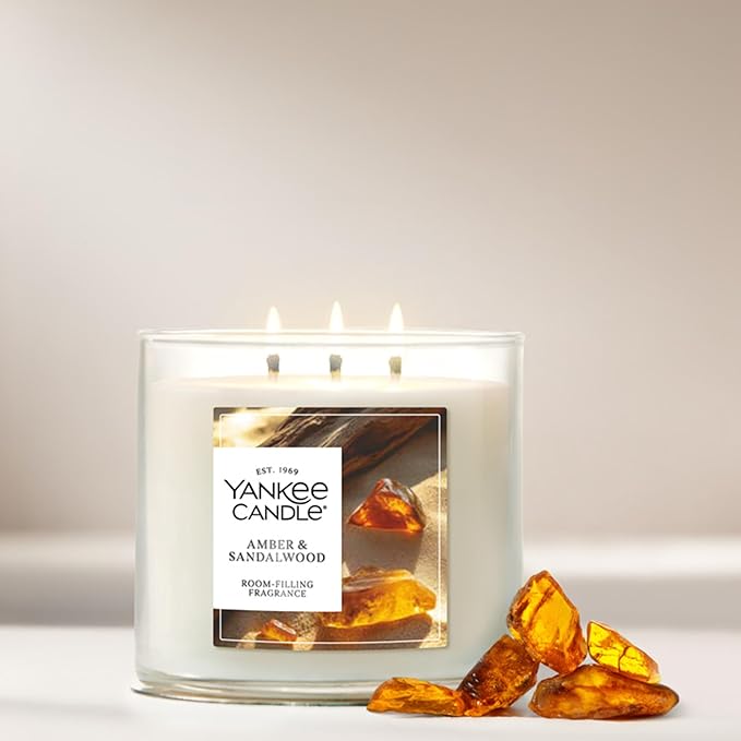 Yankee Candle Amber & Sandalwood, Fall Scented Candle, 14.5oz 3-Wick Candle Jar with up to 40 Hours Burn Time