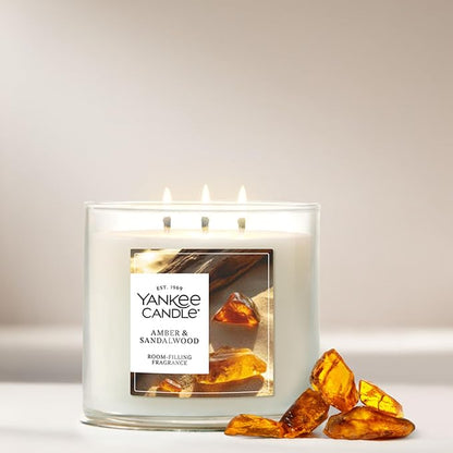 Yankee Candle Amber & Sandalwood, Fall Scented Candle, 14.5oz 3-Wick Candle Jar with up to 40 Hours Burn Time