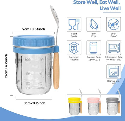 CycleMore 4-Pack 16 oz Overnight Oats Containers with Airtight Lids, Colorful Lids & Spoons, Wide Mouth Mason Jars, Glass Food Storage Containers for Snacks, Yogurt, Cereal, Fruit