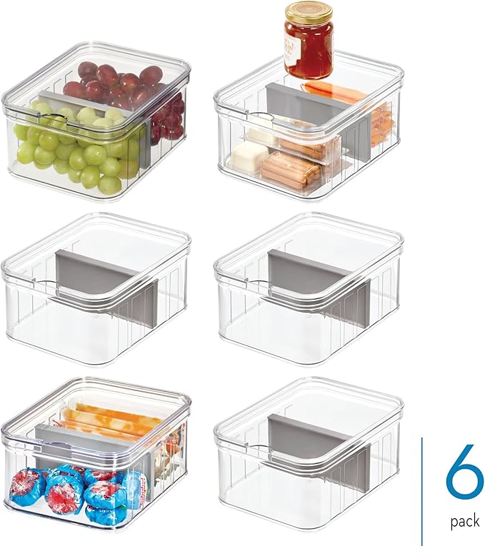 iDesign Small Fridge Organizer Bin with Removable Divider and Lid - Set of 6 - Clear/Gray