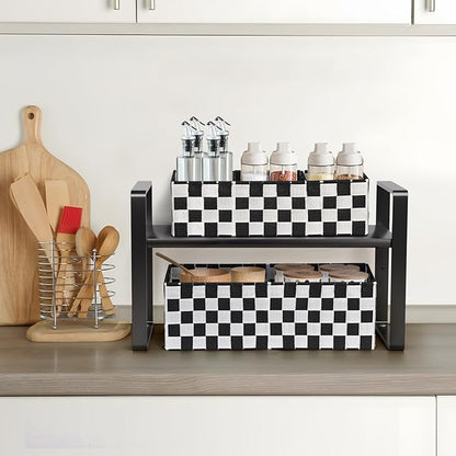 2-Pack Checker Pattern Woven Bins, 16” Ribbon Metal Wire Desk Organizer, Drawer Dresser Baskets, Countertop Toilet Paper Storage Containers (Black & White)
