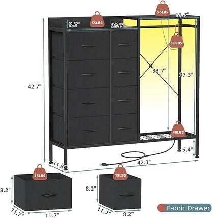 Dresser with Hanging Rack, 8-Drawer Dresser for Bedroom with Charging Station & LED Lights, Kids Dressers with Shoe Rack, Chest of Drawers with Wooden Top for Bedroom, Kids Room, Black, 11.8"D