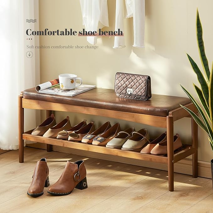 Shoe Rack Bench Entryway Bamboo Shoe Storage Bench with Leather Cushion 2 Tiers Shoe Rack Entryway Bench for Hallway, Living Room,Bedroom(Walnut Bench top+Brown Frame)