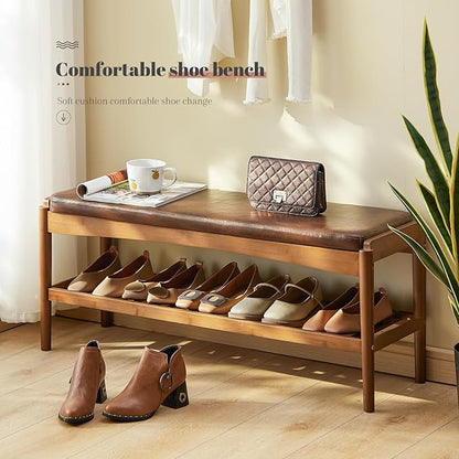 Shoe Rack Bench Entryway Bamboo Shoe Storage Bench with Leather Cushion 2 Tiers Shoe Rack Entryway Bench for Hallway, Living Room,Bedroom(Walnut Bench top+Brown Frame)