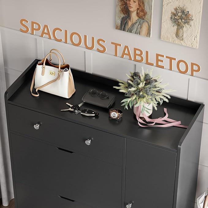 YESHOMY Shoe Cabinet for Entryway, Shoe Storage Cabinet with 2 Flip-Front Doors & Drawers, Shoes Organizer for Living Room and Hallway, Black