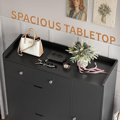 YESHOMY Shoe Cabinet for Entryway, Shoe Storage Cabinet with 2 Flip-Front Doors & Drawers, Shoes Organizer for Living Room and Hallway, Black