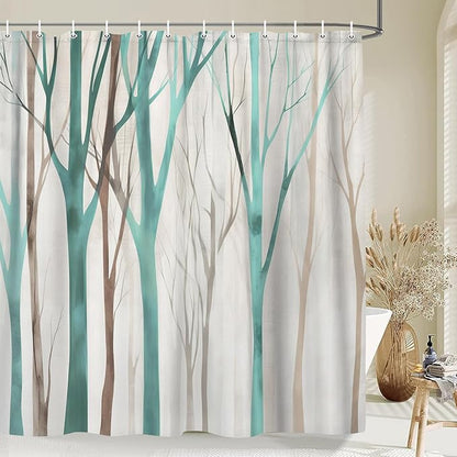 MERCHR Brown Teal Tree Fabric Shower Curtain, Art Style Abstract Birch Forest Rustic Wood Polyester Fabric Waterproof Bath Curtain, Farmhouse Bathroom Shower Curtains with Hooks 47X64 Inch