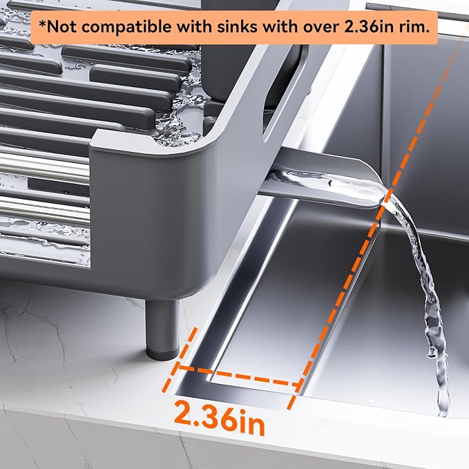 Urackify Stainless Steel Dish Drying Rack - Dish Drainer for Kitchen Counter, Extendable Drainboard with Foldable, Space-Saving Cup & Bowl Organizer, Includes Knife and Utensil Holder, Gray