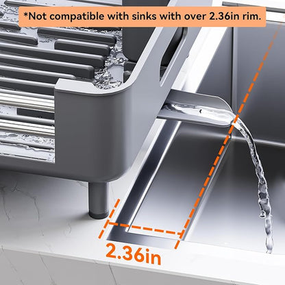 Urackify Stainless Steel Dish Drying Rack - Dish Drainer for Kitchen Counter, Extendable Drainboard with Foldable, Space-Saving Cup & Bowl Organizer, Includes Knife and Utensil Holder, Gray