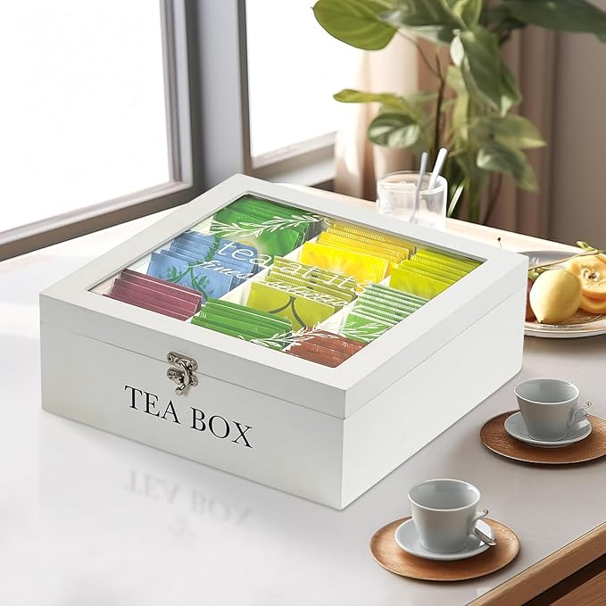 Tea Box Organizer,Wood Tea Bag Holder Organizer,Modern Teas Bag Storage with 9 Compartments and Glass Cover for Home Office Gift