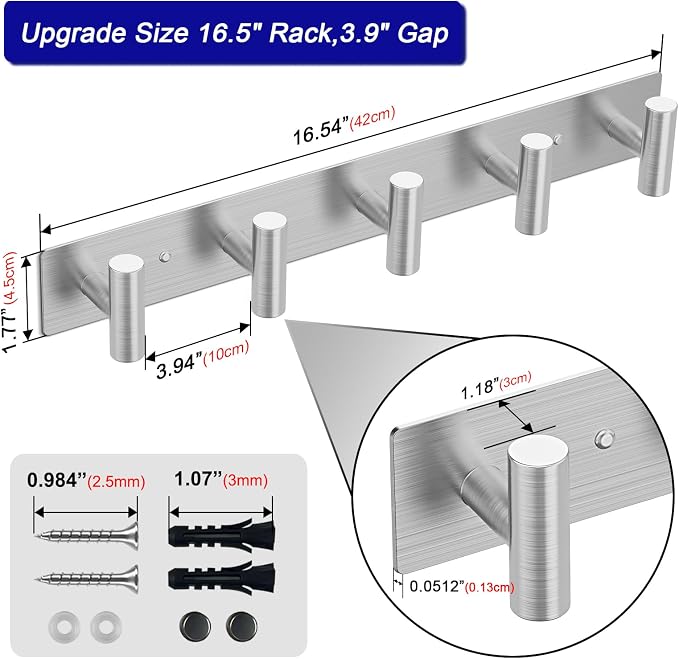 Bntuk Coat Rack Wall Mount - 5 Hat and Coat Hooks, Heavy Duty Towel Racks for Bathroom Entryway, Wall Hooks for Hanging Robes Bags Scarves Belts, Hat Rack Key Hanger Organizer (Silver)