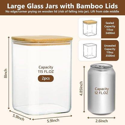 KEYWING 115oz Glass Food Storage Containers with Bamboo Lids, 2 Pack Large Square Airtight Glass Jars for Flour, Sugar, Cereal, Rice, Pasta & Coffee Beans