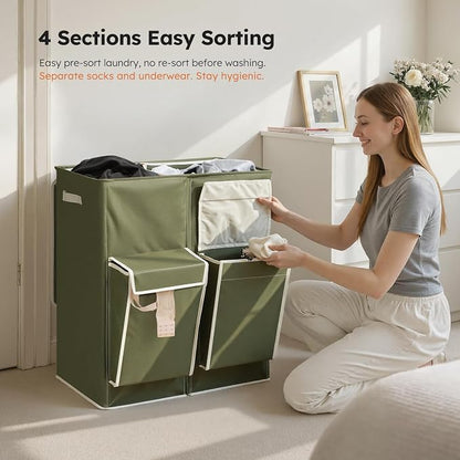 SOLEDI Double Laundry Hamper with Lid, 47.8 Gal (180L) Large Laundr Basket 2 Section with 2 Side Pockets, Dirty Clothes Hamper with Removable Bag, Easy to Carry for Laundry Room, Bedroom, Avocado