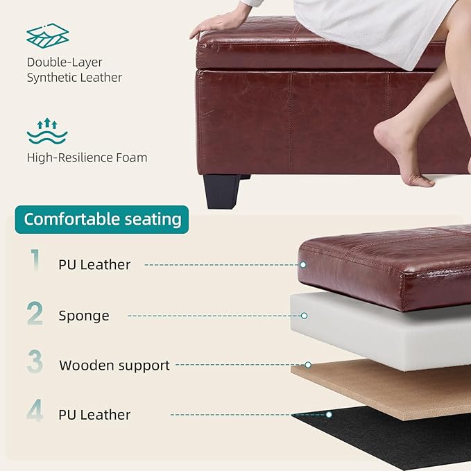 41" Storage Ottoman Bench, Faux Leather Storage Foot Rest with Safety Hinge, Load up to 660 lb Upholstered Tufted Entryway Bench with Seating for Living Room, Bedroom, Brown