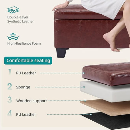 41" Storage Ottoman Bench, Faux Leather Storage Foot Rest with Safety Hinge, Load up to 660 lb Upholstered Tufted Entryway Bench with Seating for Living Room, Bedroom, Brown