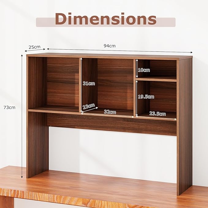 Desk Hutch, Desktop Shelf with 4 Shelves, Desk Bookshelf w/Anti-Toppling Devices, Wood Table Top Bookshelf Organizer, Small Desk Shelf for Study, Office, Dorm (Walnut, 4 Shelves)