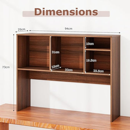 Desk Hutch, Desktop Shelf with 4 Shelves, Desk Bookshelf w/Anti-Toppling Devices, Wood Table Top Bookshelf Organizer, Small Desk Shelf for Study, Office, Dorm (Walnut, 4 Shelves)