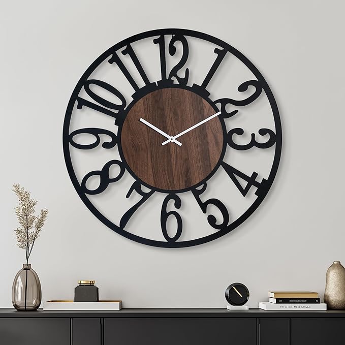 30'' Large Silent Wall Clock with Night Light, Glow in The Dark Decorative Wall Clock Battery Operated, Rustic Modern Metal & Wood Clocks for Bedroom Living Room Decor, Arabic Numerals