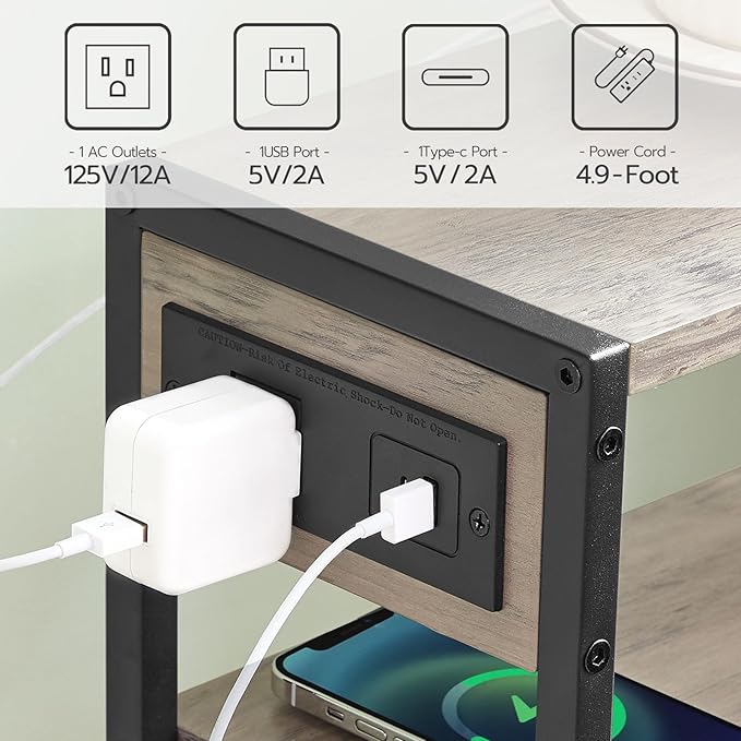 HOOBRO Small Narrow Side Table with Charging Station Set of 2, Skinny End Table for Small Spaces, Slim Nightstand with USB Ports Outlet, Sofa Beside Table with Storage Shelf BG102UBZP201