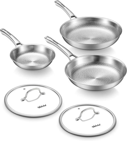 Titanium Pans set, 8+10+12Inch Pure Titanium Hammered Upgarde Pro with Two Lids, Non-Toxic Skillet for Cooking, PFAS/PFOA/PTFE Free Cookware, Dishwasher&Oven Safe, Kitchen Induction Compatible