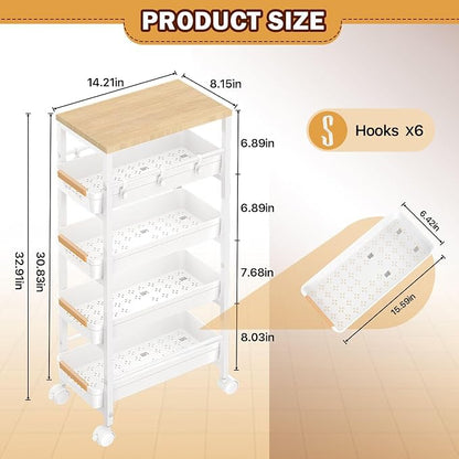 SUNALLY Slim Storage Cart with Pull-Out Baskets, 5-Tier Rolling Kitchen Cart with Wooden Top & Lockable Wheels, Narrow Space Utility Cart Organizer for Kitchen, Bathroom, Laundry Room, White