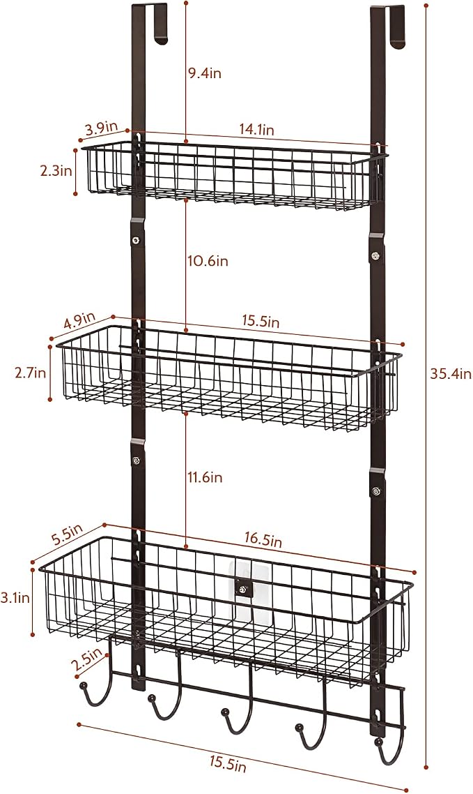 ETELI Over the Door Basket Organizer 3 Tier Hanging Basket Door Shelf Rack Heavy Duty Over Door Pantry Organizer with 3 Metal Baskets for Kitchen Bathroom Bedroom Living Room, Dark Brown