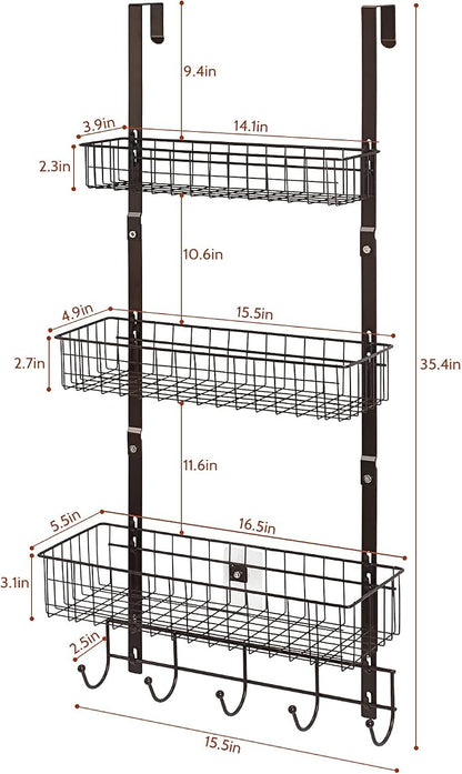 ETELI Over the Door Basket Organizer 3 Tier Hanging Basket Door Shelf Rack Heavy Duty Over Door Pantry Organizer with 3 Metal Baskets for Kitchen Bathroom Bedroom Living Room, Dark Brown