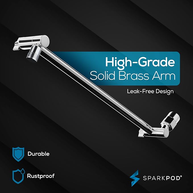 SparkPod 8" Round Rain Shower Head with 16" Shower Arm | Shower Head & Extension Arm Combo, Height Adjustable, High Pressure Performance, Easy 1-Minute Installation, Polished Chrome