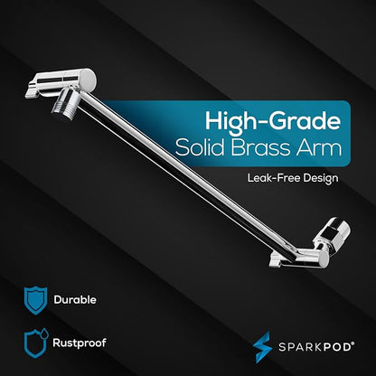 SparkPod 8" Round Rain Shower Head with 16" Shower Arm | Shower Head & Extension Arm Combo, Height Adjustable, High Pressure Performance, Easy 1-Minute Installation, Polished Chrome