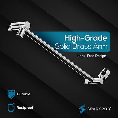 SparkPod Round Rain Shower Head with Extension Arm - Height Adjustable Shower Head with High Pressure Performance - Easy 1-Minute Installation (16" Arm Extension, Luxury Polished Chrome)