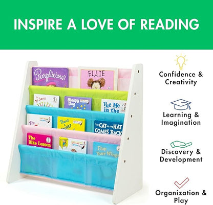 Humble Crew 4-Tier Kids Bookshelf, White Wood/Pastels - Premium Book Shelf for Kids Rooms with Four Deep Pockets - Toddler Sling Book Rack with Deep Sleeves, Nursery Bookcase Organizer