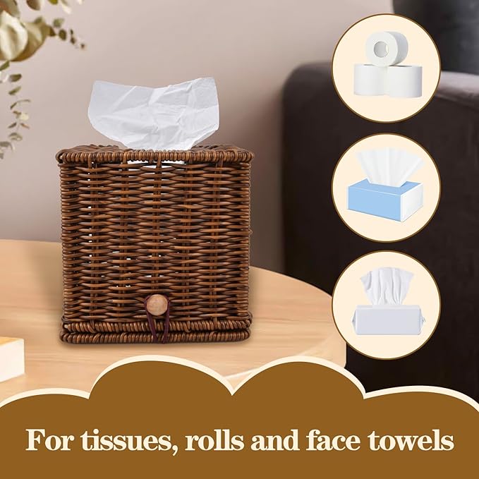 Rattan Tissue Box Cover Square Natural Woven Decorative Rectangle Tissue Box Holder Bathroom Napkins Roll Paper Face Towels Organizer on Table Rustic Boho Decorative 5.5 X 5.5 X 5.9in